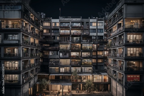 Repetitive dwellings separated by a barrier. Generative AI