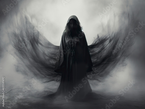 Shadowy figure of a winged female reaper, draped in a cloak, exuding an eerie aura. Silhouette of a female angel of death. photo