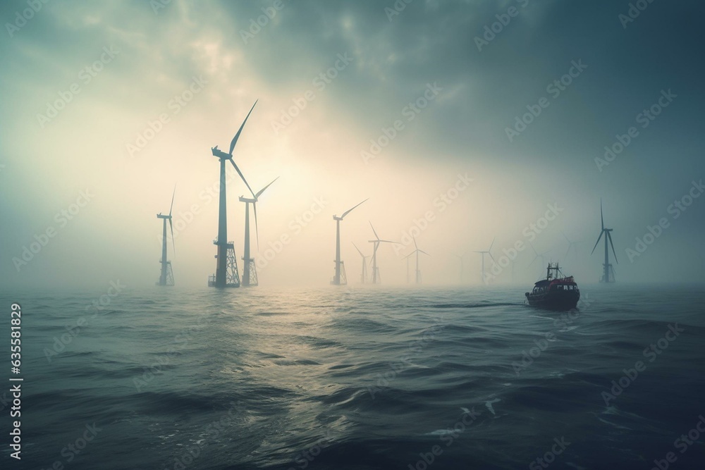 Offshore wind turbines on a misty morning, representing sustainable electricity production. Generative AI