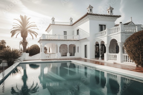 Stunning coastal white house with pool showcasing exquisite Spanish architecture. Generative AI