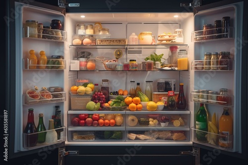fully stocked fridge with various groceries and supplies. Generative AI