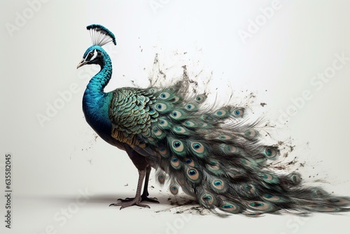 Elaborate peacock proudly displaying its fanned train feathers in a full-body illustration on a white background. Generative AI