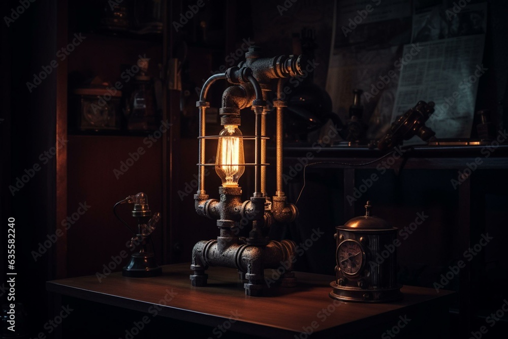 Dark background with a steampunk lamp made from pipes in a loft space. Generative AI