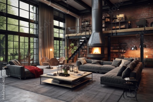 industrial style loft with living room interior. © 2rogan