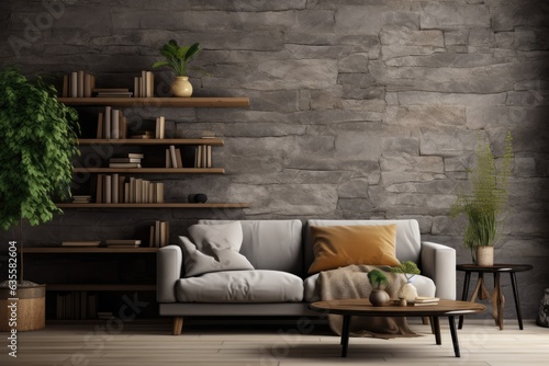 Interior room with grey stone wall, wooden decor, bookshelf, sofa, plant vase, table, carpet, and home decoration.