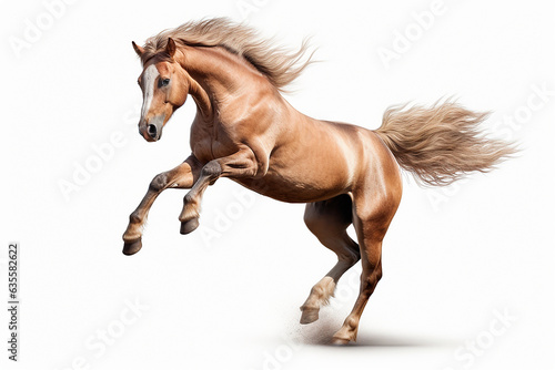 Horse isolated on white background jumping. Animal left side portrait.