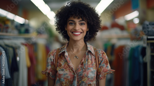Young Biracial Adult Woman at Community Thrift Store Portrait. Concept of Multicultural Representation, Diverse Fashion Exploration, Thrift Store Experience, Personal Style Expression, Secondhand.
