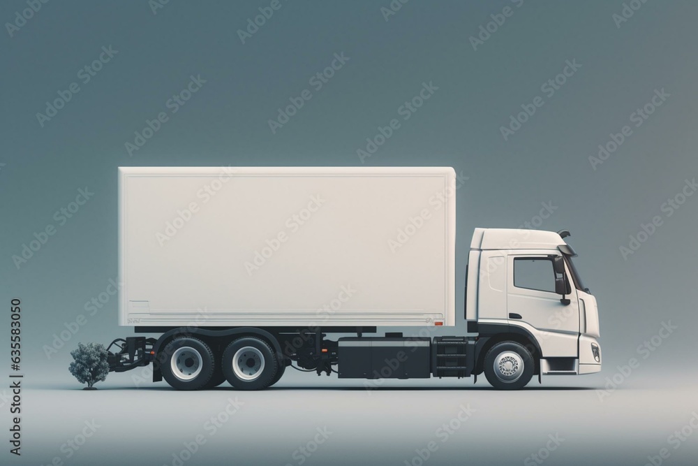 White refrigerated truck with empty space on background. Side view. Raster illustration. Generative AI