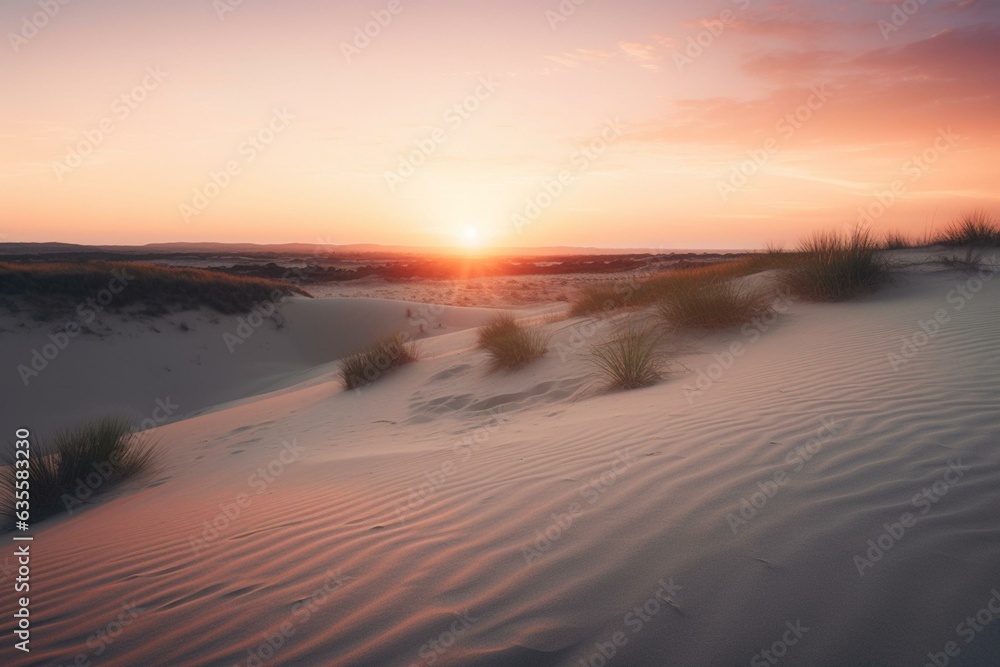 Serenity unfolds as sandy dunes caress the horizon beneath a soft and captivating pink sunrise sky. Generative AI