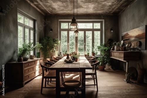 Rustic dining room showcasing charming interior design. Generative AI © Leandro