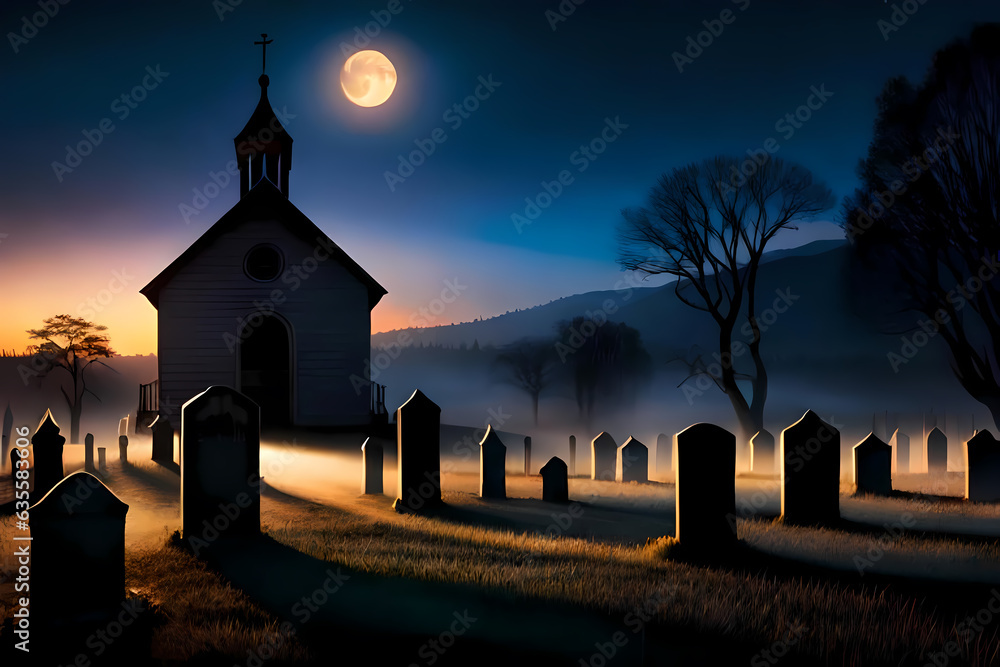 Halloween landscape with old cemetery with gravestones