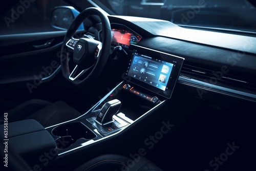Image of a modern car's interior featuring a tablet with a dim screen. Generative AI © Celestina