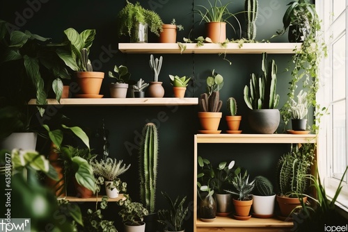 Chic green plants on shelves with a black watering can. Trendy room decor with various cactus, asparagus, dracaena, epipremnum pothos, ivy, palm, and sansevieria. Generative AI