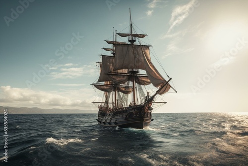 An old pirate ship sailing on the open sea. Generative AI © Mason