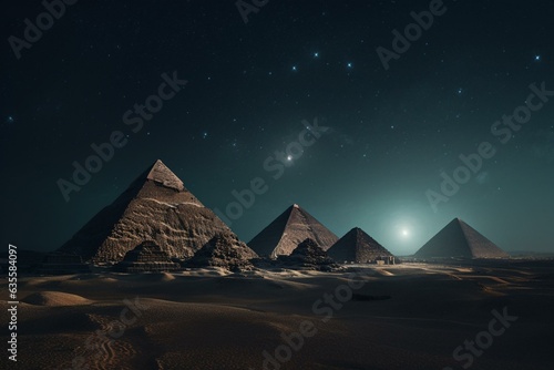 Nighttime view of historical pyramids beneath a starry sky. Generative AI