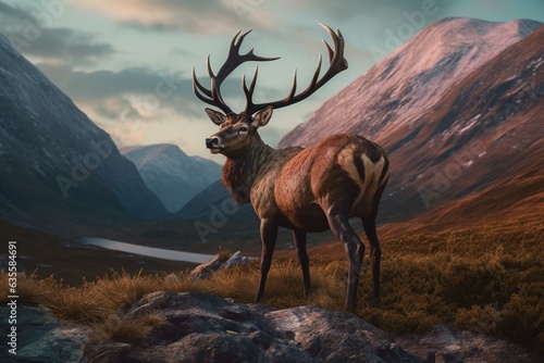 2D illustrated wallpaper featuring a deer against a mountain backdrop. Generative AI