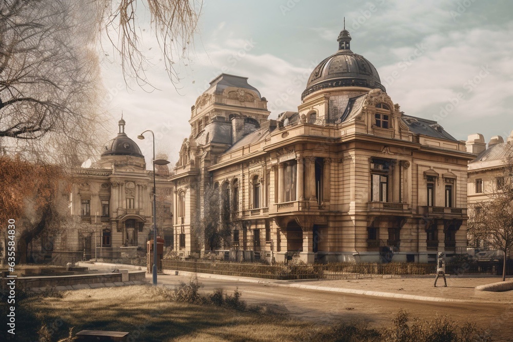 Artistic depiction of notable Bucharest landmarks. Generative AI