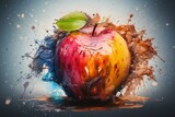 Abstract painting of an apple with vibrant splashes of watercolor. Generative AI