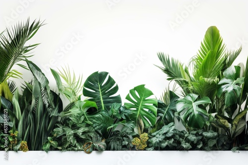 Border of tropical leaves on white background. Generative AI