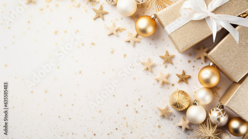 Christmas composition. Gift box, golden christmas decorations on white background. Flat lay, top view, copy space
