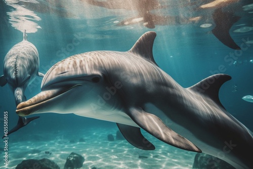 Dolphin swimming with its family. Generative AI