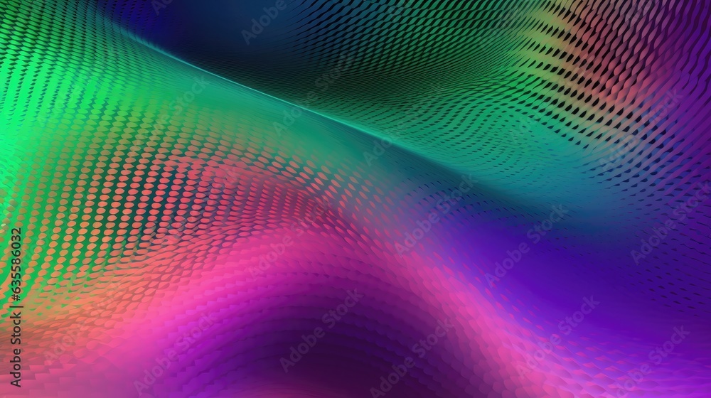 Colorful metallic rippled paper background design with halftone dot glow and colorful shades of green purple pink and gold. Illustration for graphic element or backdrop use.