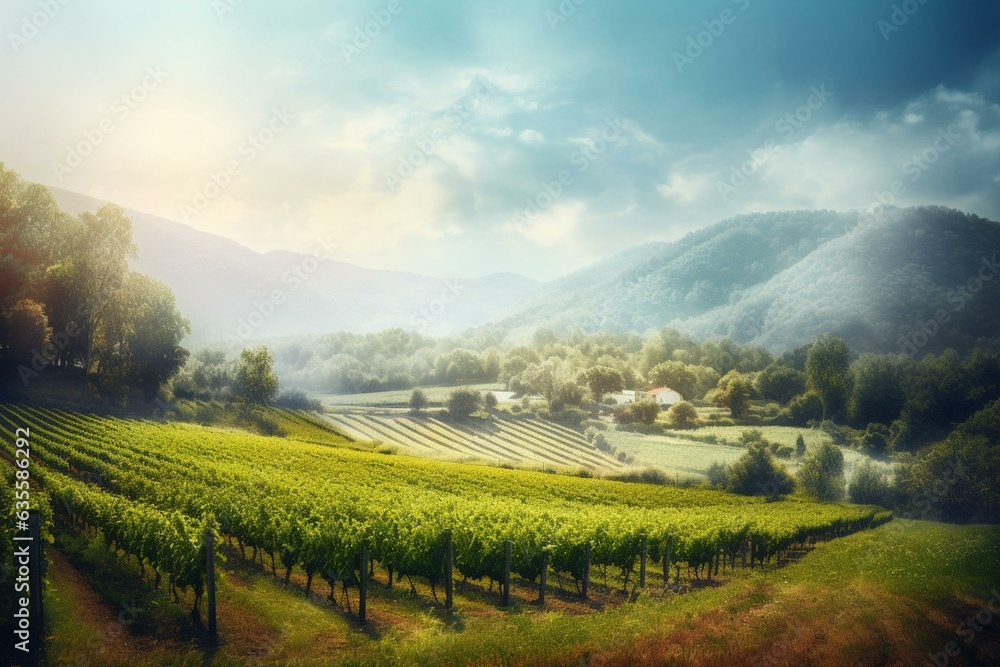 Scenic watercolor: lush vineyards, azure mountains. Perfect depiction of a vineyard. Generative AI