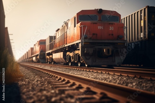 3D rendering of cargo train carrying shipping containers. Generative AI