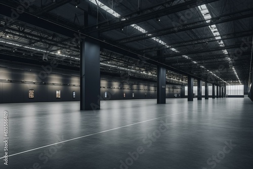 Empty hall in 3D rendered exhibition center with backdrop for stands. Generative AI