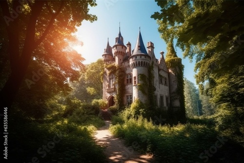Sunny day leads through lush woods to enchanting castle. Generative AI