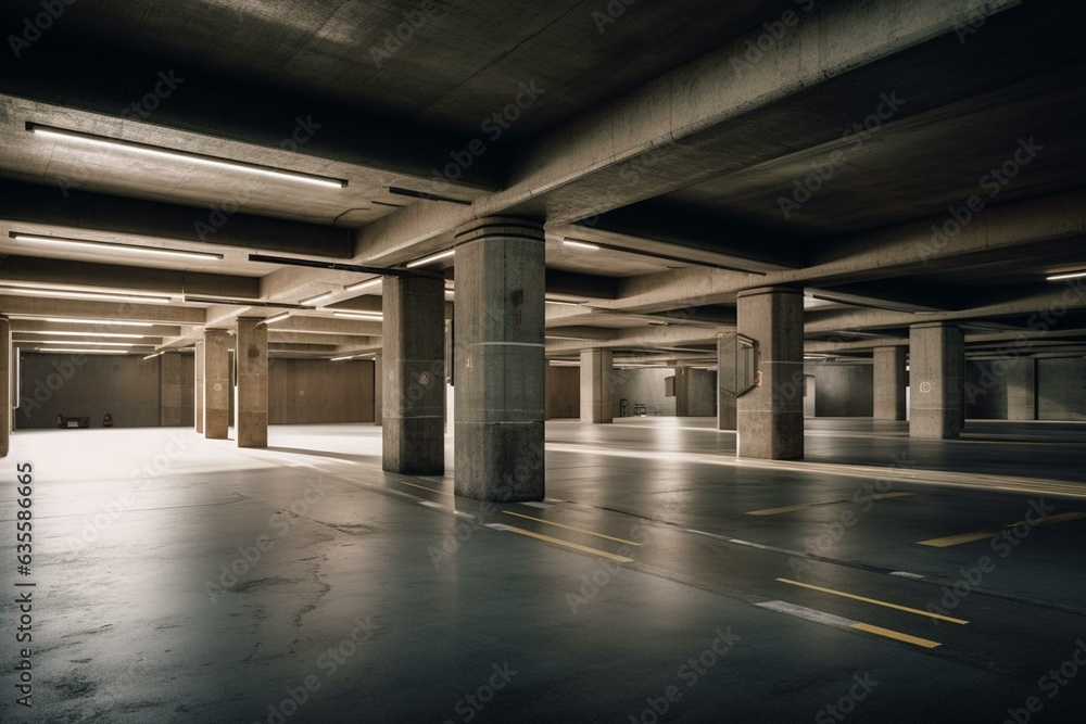 Interior of vacant underground parking lot/garage with bold concrete columns. Generative AI