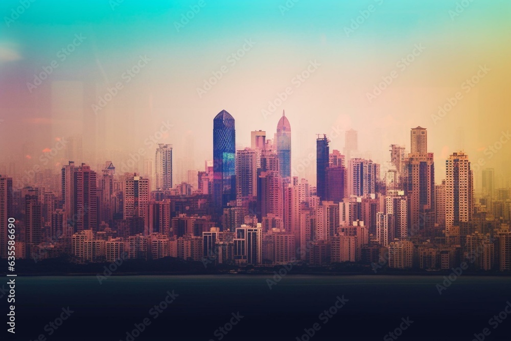 Mumbai skyline with layered gradients and transparent landmarks. Generative AI