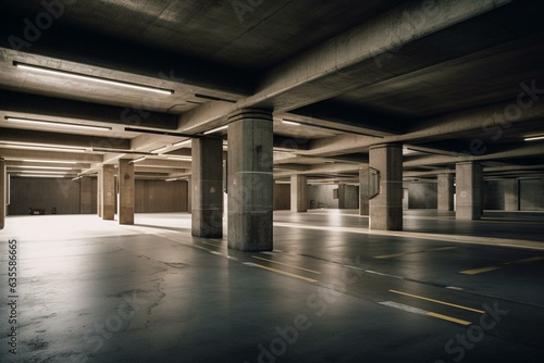 Interior of vacant underground parking lot/garage with bold concrete columns. Generative AI
