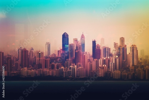 Mumbai skyline with layered gradients and transparent landmarks. Generative AI