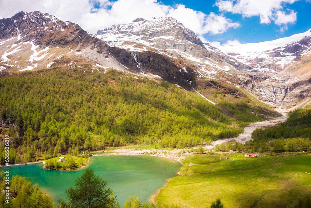 Green mountain valley with a lake and snow covered peaks in Swiss alps