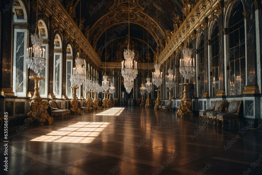Versailles Palace's Hall of Mirrors, France. Generative AI