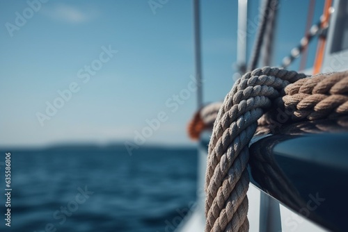Detailed view of nautical knot on boat against scenic blue sea. Generative AI
