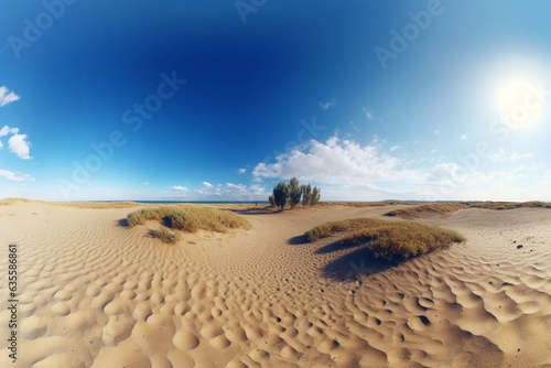 360 panorama rendering of a sandy field under a blue sky. Generative AI