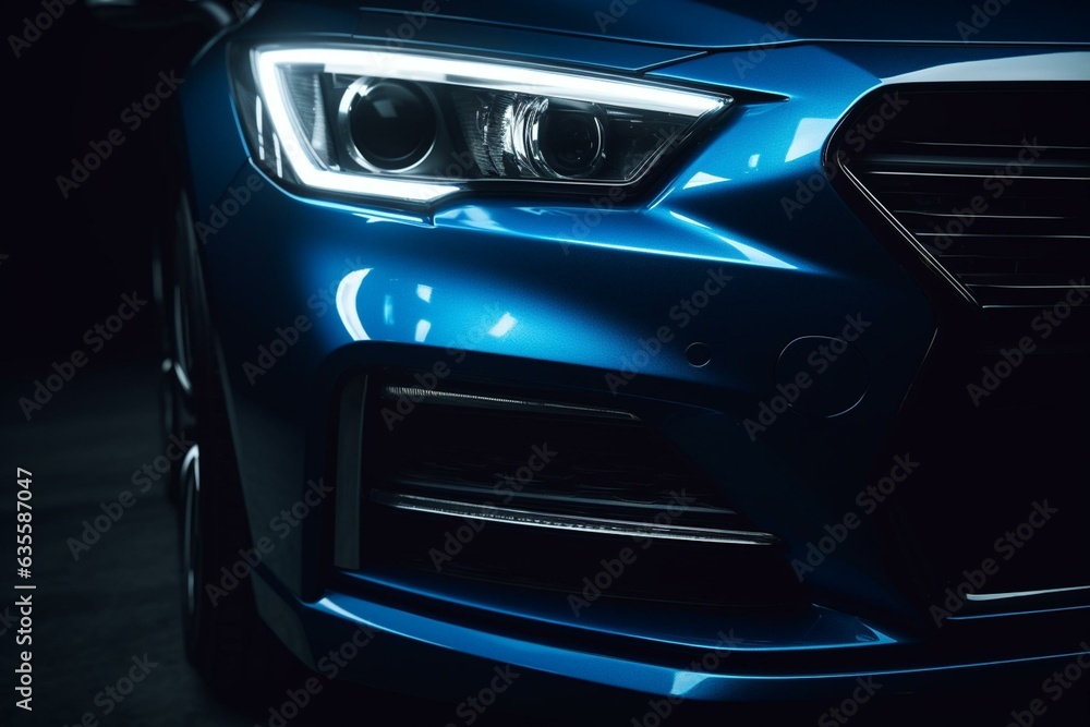 Blue car's front headlights on a black background with space to add content. Generative AI
