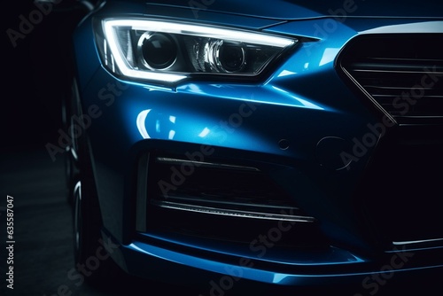 Blue car's front headlights on a black background with space to add content. Generative AI © Ione