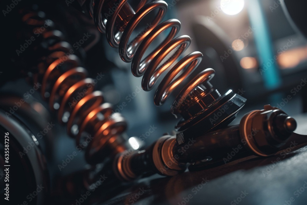 Advanced automotive suspension system featuring a coil spring integrated within a contemporary strut design. Generative AI - obrazy, fototapety, plakaty 