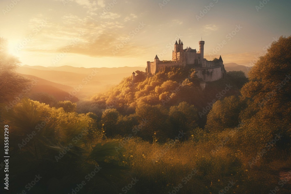 A castle and countryside scenery at sunrise. Generative AI