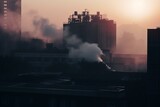 Smoke-emitting factory amidst silhouette buildings, atmospheric pollution with smog and fog in a flat-style setting. Generative AI