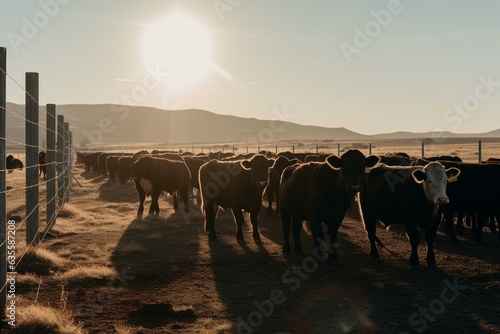 Cattle feeding beside solar farm. Generative AI © Rowen