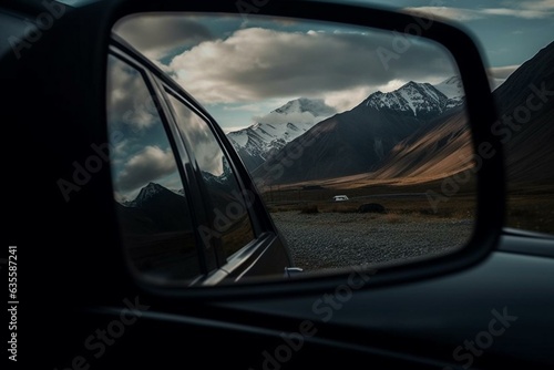 The reflection of the mountains behind in the car mirror. Generative AI