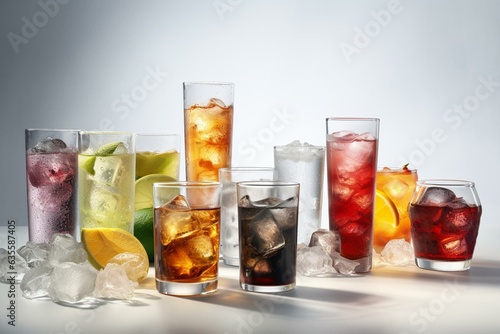 Various soda drinks with ice cubes on white background. Generative AI