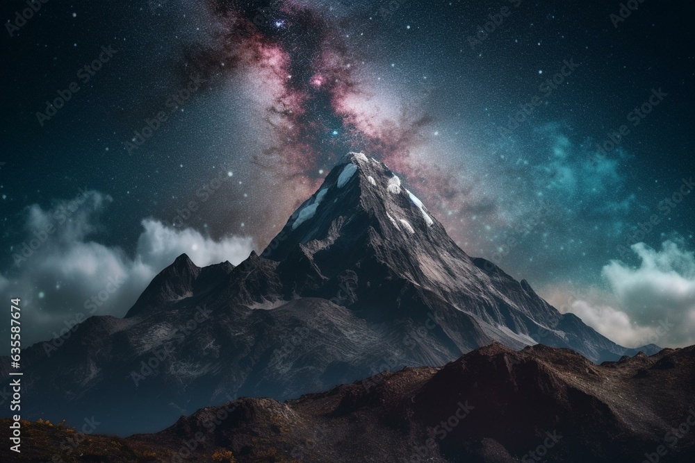 A breathtaking artwork showcasing a limitless cosmos above towering mountains, as seen from our planet. Generative AI