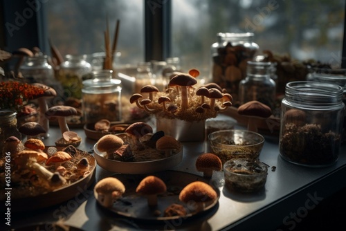 Representation of ecology as science through the growth of medicinal mushrooms in petri dishes and laboratory accessories. Generative AI