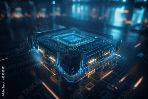 Futuristic blue neon microchip enabling data exchange and smart collection. Quantum computer with vast data capacity. Generative AI