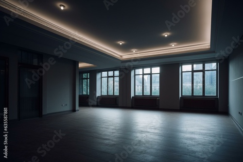 Empty room with lit ceiling lines. Generative AI